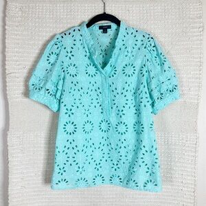 J. CREW aqua blue eyelet lace Puff-Sleeve Popover top S